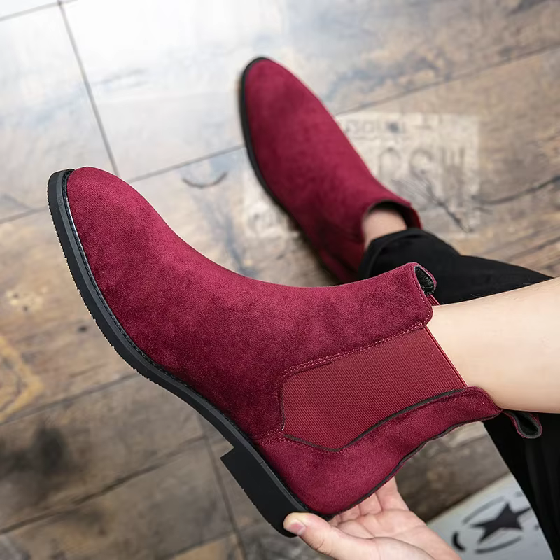 Bottes Chelsea pour Hommes en Daim Rouge Vin, Bout Rond, Bottes de Ville à Talons Bas, Faciles à Enf