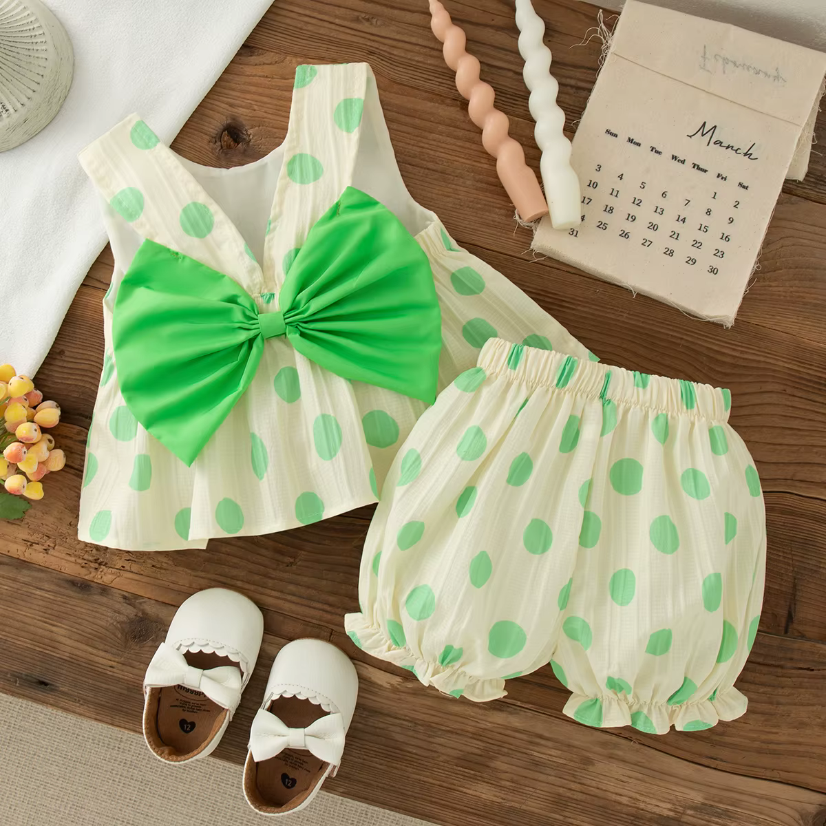 Ensemble 2 pièces pour petites filles, haut et short sans manches avec nœud à pois, Style coréen, te