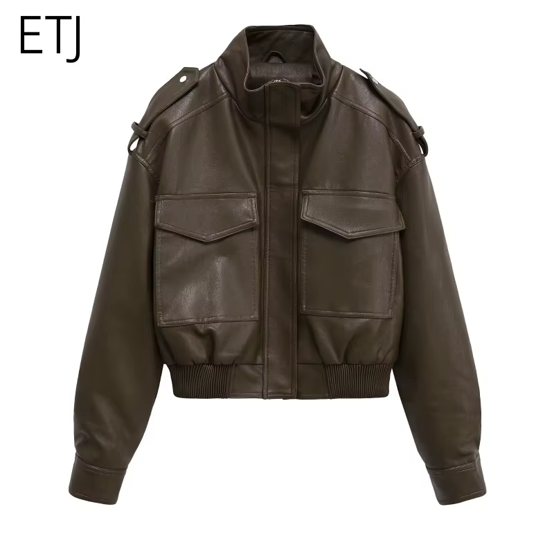 ETJ 2025 Nouvelle collection femme : veste courte moto col montant Y2K grande poche veste en simili 
