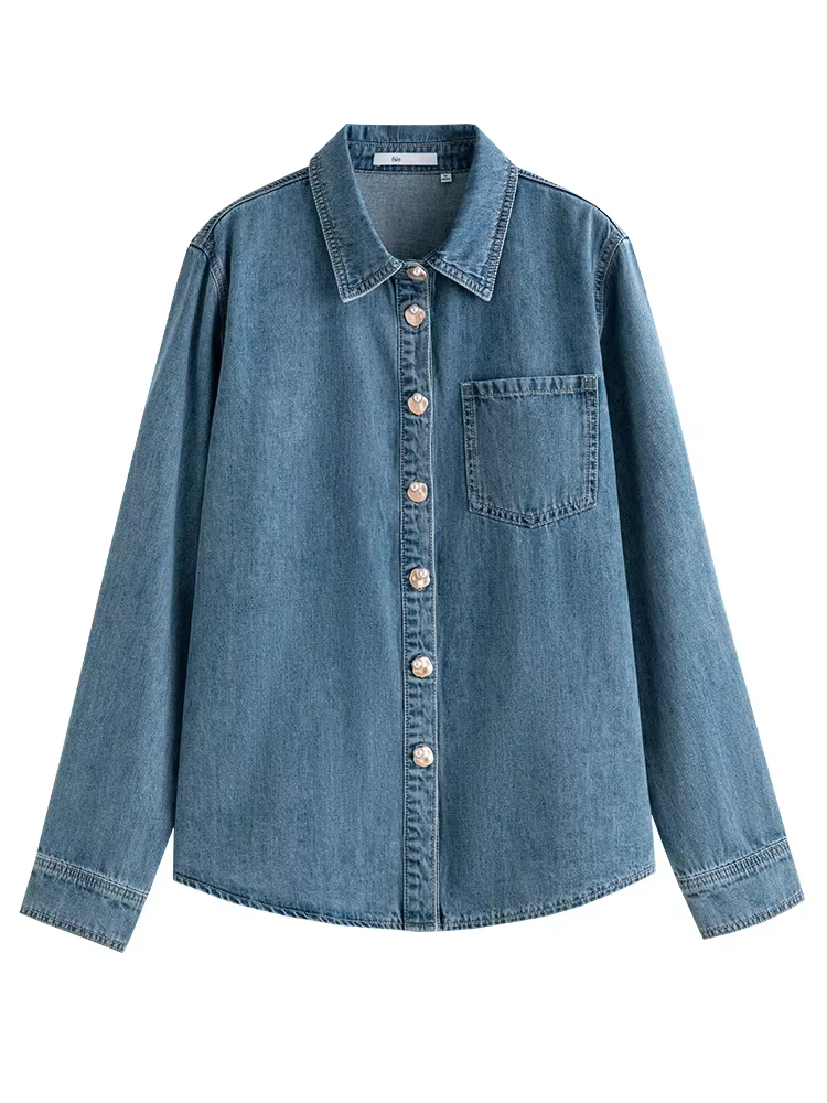 FSLE-Chemise en denim bleu doux pour femme, chemise à col en V empilable, chemise décontractée, chem