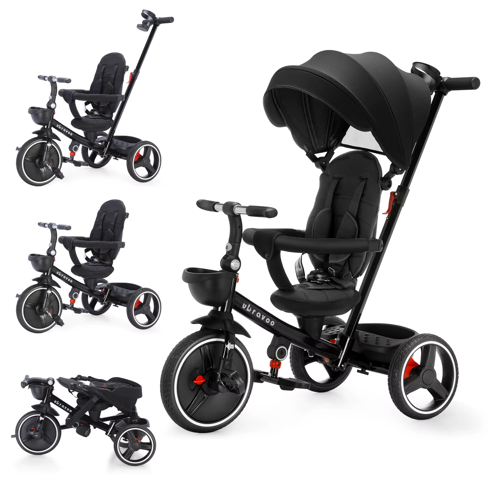 Tricycle pliable pour enfants avec poignée Parent réglable, freins de roue et capot amovible, Tricyc