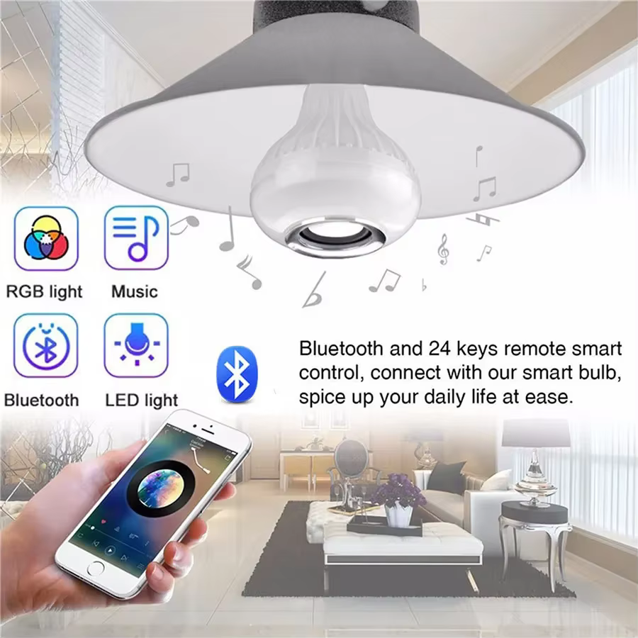 Ampoule de musique avec haut-parleur Bluetooth E27, 12W, télécommande RGB, 85-265V, pour chambre à c