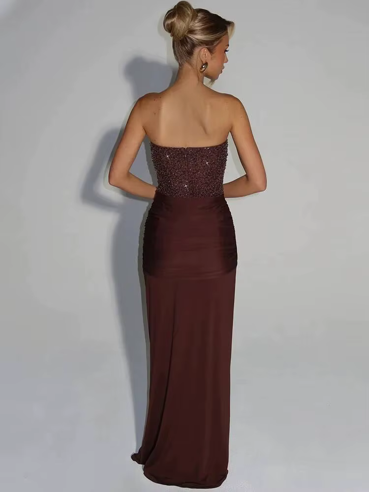 Mozision Sparkle épaules dénudées Sexy robe Maxi femmes élégant paillettes sans bretelles dos nu san