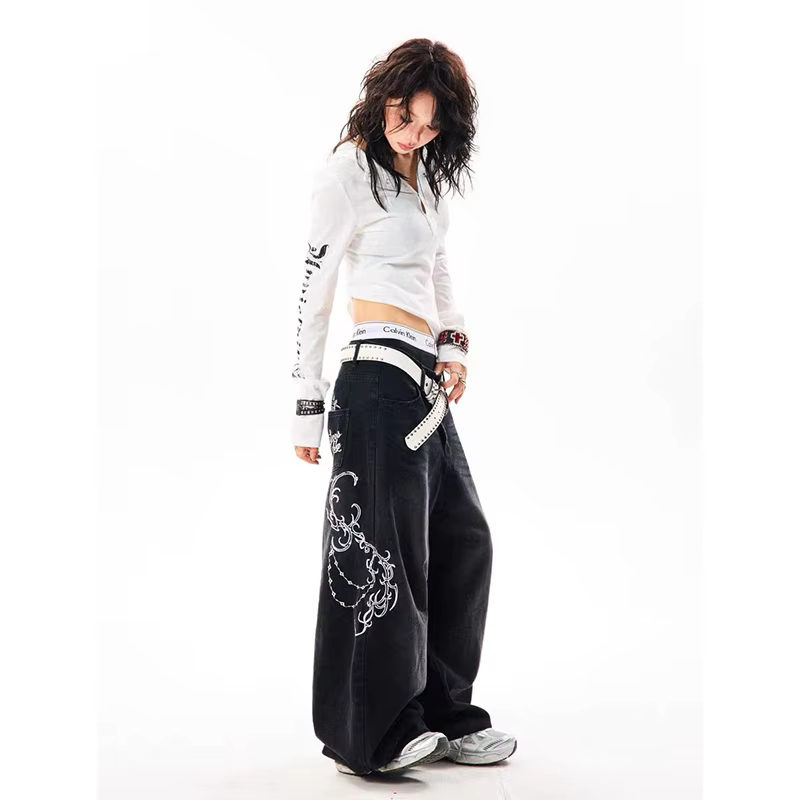 YIBASHU femmes Vintage broderie Y2K Baggy jean femme taille haute 2000s jambe large Denim pantalon a