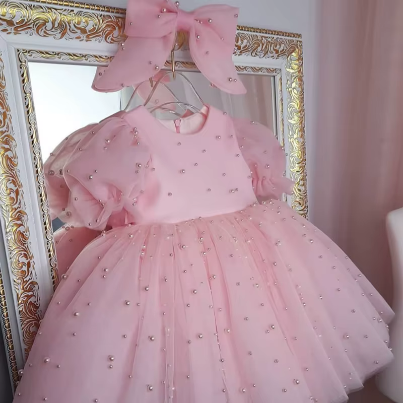 Robe de princesse tutu perlée pour bébé fille, manches bouffantes, nœud en tulle, vêtements de fête 