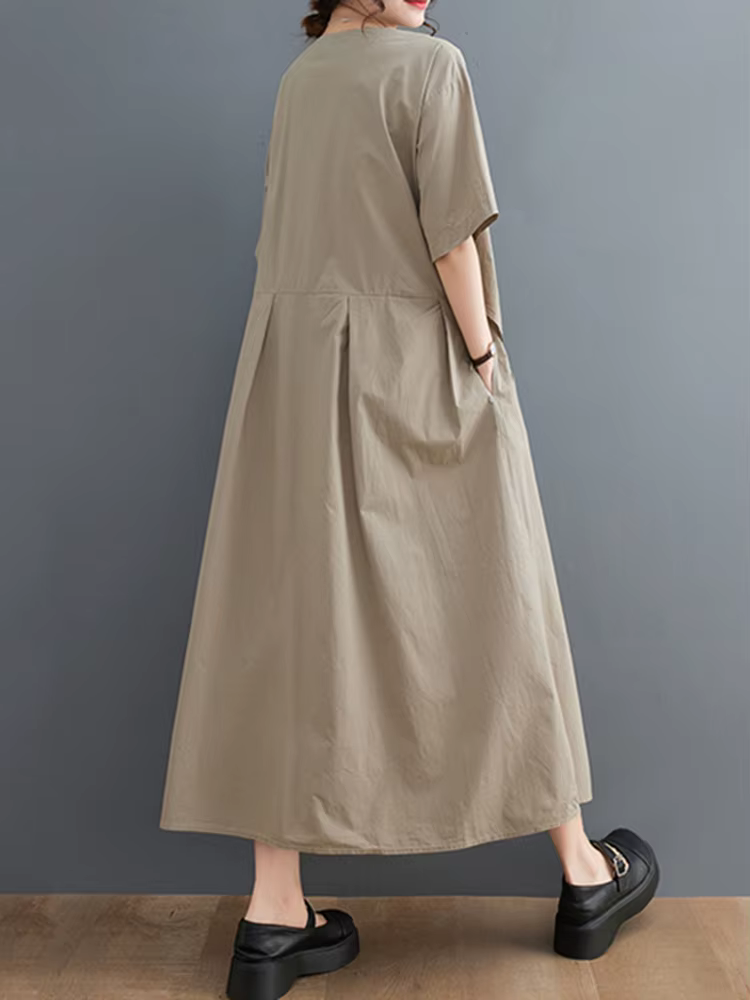 Robe longue décontractée kaki vintage patchwork à manches courtes pour femme, style coréen, nouvelle