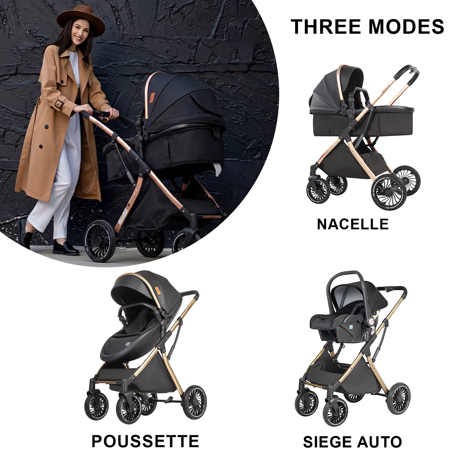 Poussette de luxe 3 en 1 avec coque en forme d'œuf, design cocon, landau convertible, poussette haut