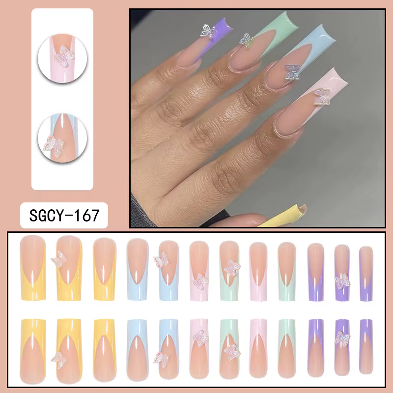 24 cerceaux longs avec motifs français, fleurs, points papillon, faux ongles brillants en diamant, à