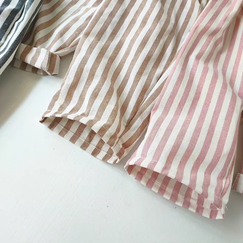 Pantalon à rayures en coton et lin pour garçon et fille, style décontracté, été automne
