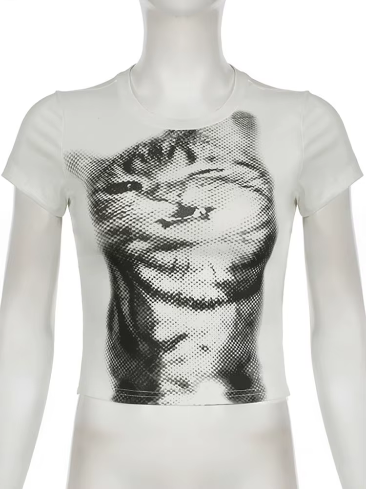 Harajuku Animal imprimé haut court basique blanc à manches courtes col rond T-shirt femmes décontrac