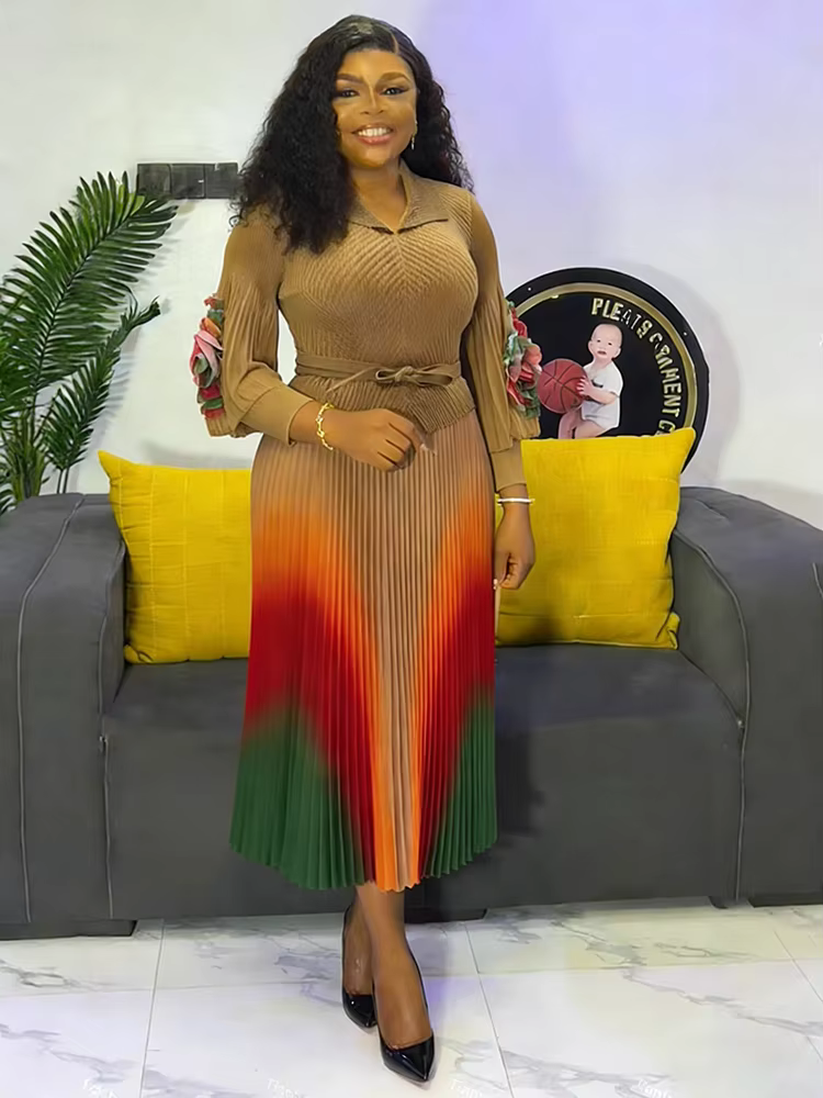 EGRM – robe Miyaki à revers, manches lanternes, ceinture, taille amincissante, dégradé plissé, jupe