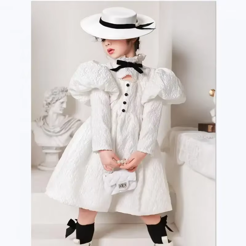 Nouvelle Robe de Princesse Blanche pour Filles 2026, Tenue de Soirée Élégante Rétro pour Piano, Robe