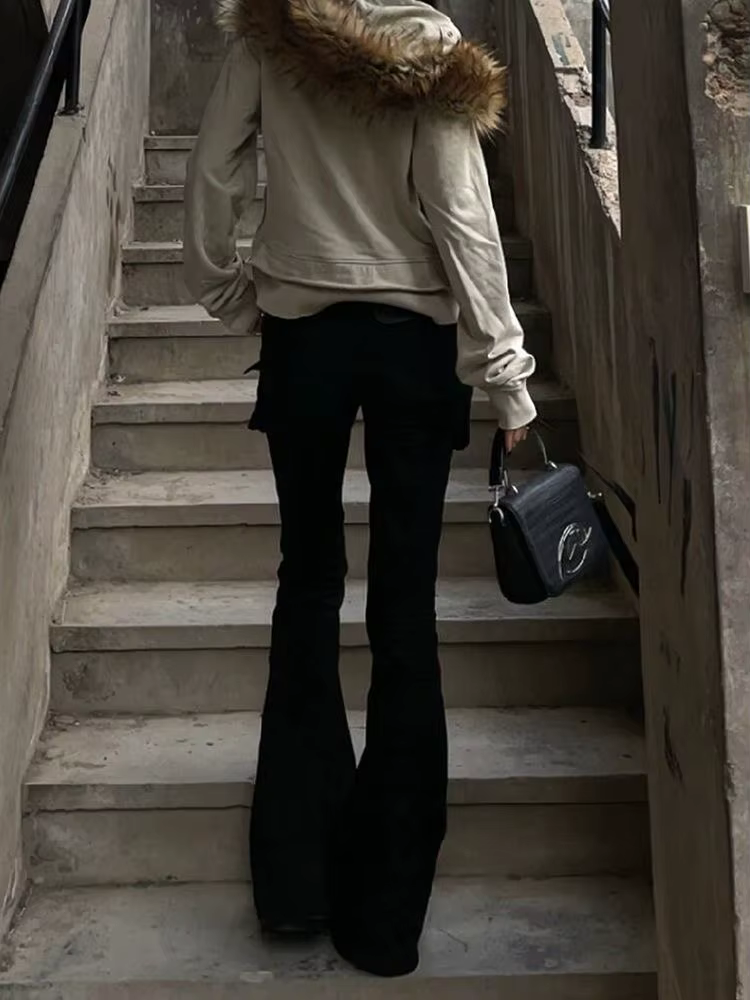 Pantalon Long évasé pour femmes, académique foncé, Goblin Core, Gyaru Goth, taille basse, Streetwear