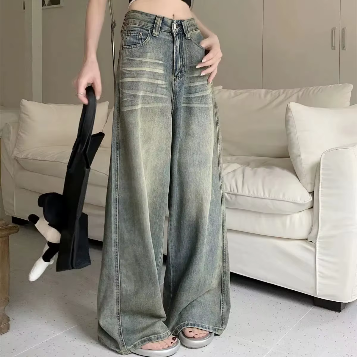 Y2K jean ample jambe droite femmes pantalon Baggy coupe large décontracté taille haute rétro lavé St