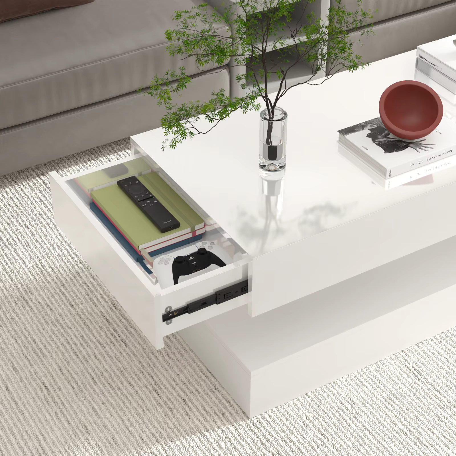 Table basse LED à haute brillance, table centrale moderne avec 2 rangements à proximité, 47,3 pouces