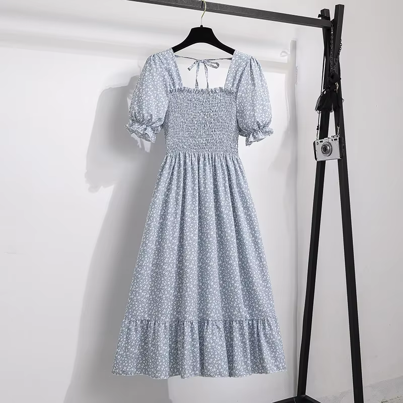 Printemps été robes en mousseline de soie mode femme taille élastique à manches courtes plissée tenu