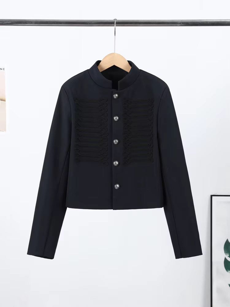 Veste Vintage Femme Col Montant Simple Boutonnage Manches Longues Style Napoléon Manteau Chic Haut d