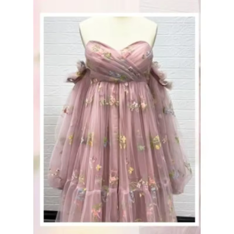 Robe de soirée de maternité sexy – Robe de soirée à fente haute avec broderie florale et manches bou