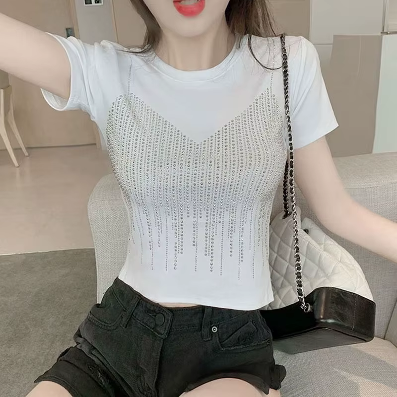 T-shirt à manches courtes pour femmes, 100% coton, coréen, chic, mince, col rond, solide, haut court