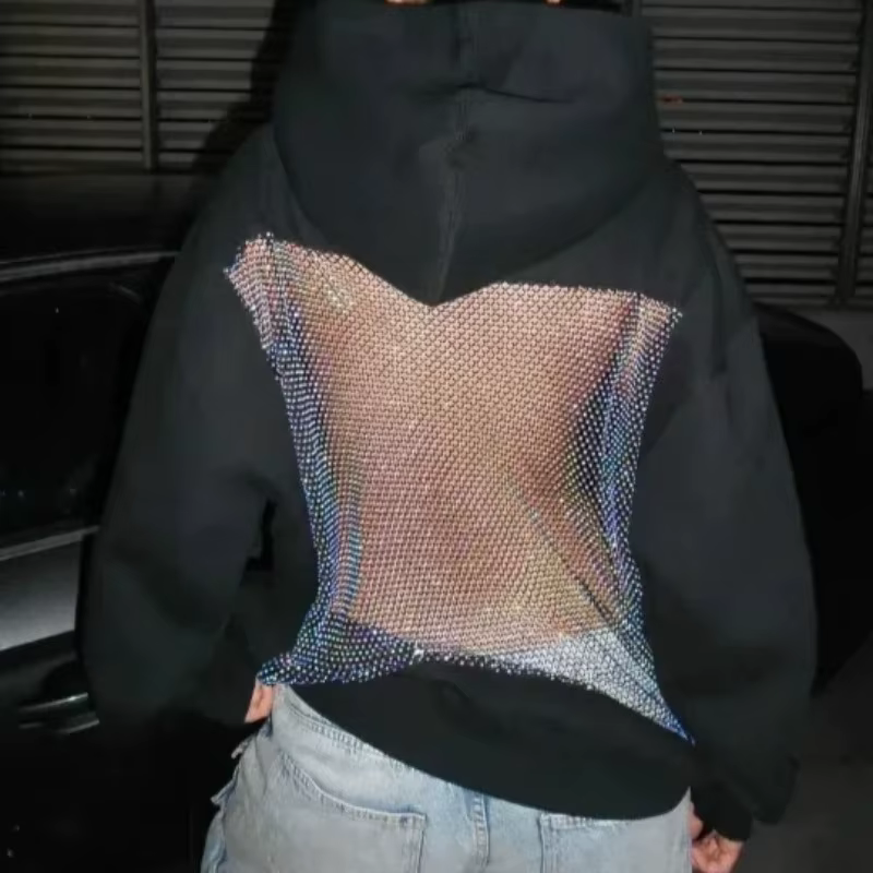 Sweat à capuche en maille creuse pour femmes, dos nu, manches longues, couleur unie, haut décontract