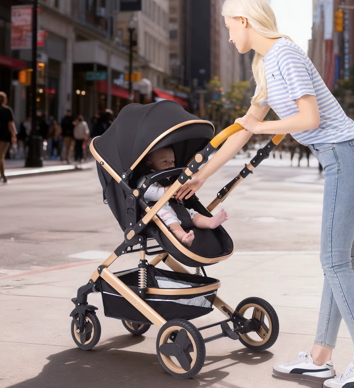 Poussette multifonction 3 en 1 avec panier de couchage et siège auto, poussette compacte pliable, po