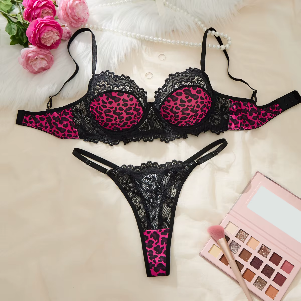 Ensemble de lingerie sexy imprimé léopard rouge Rose, ensemble de soutien-gorge transparent, lingeri