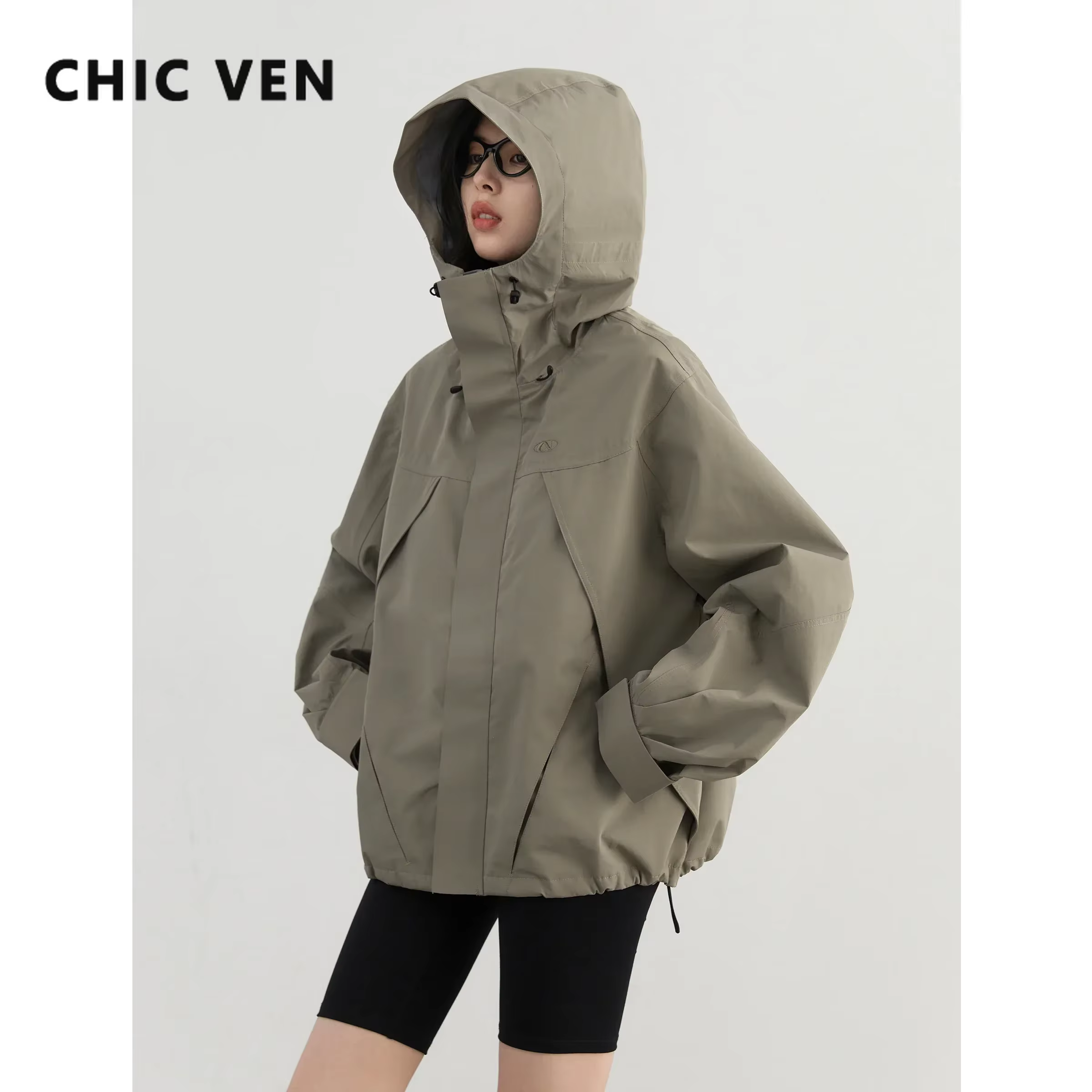 CHIC VEN-Veste de dehors à Capuche pour Femme, Manteau Court, Coupe-Vent, Solide, Extérieur, Automne