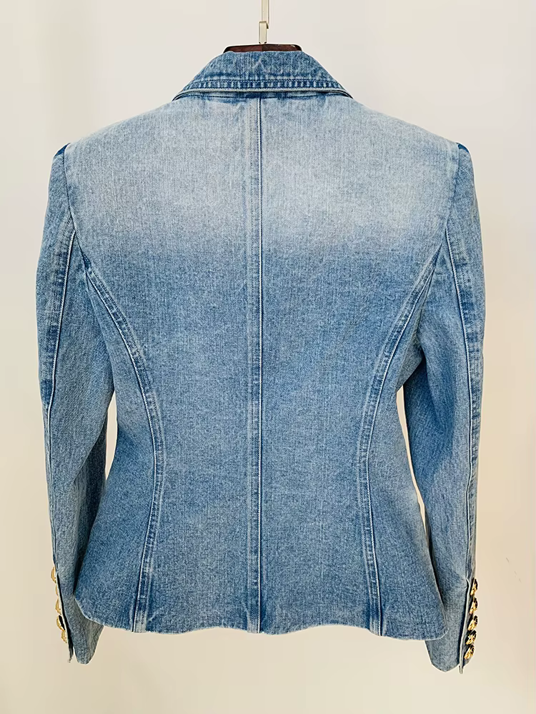 HIGH STREET Nouveauté 2026 Blazer en jean pour femme, coupe ajustée, croisé, avec boutons motif lion