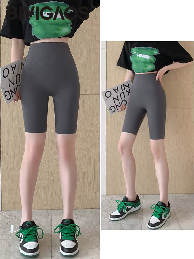BIVIIncome OS-Short de Cyclisme Taille Haute pour Femme, Slim, Longueur Genou, Biker, Yoga Sports, L