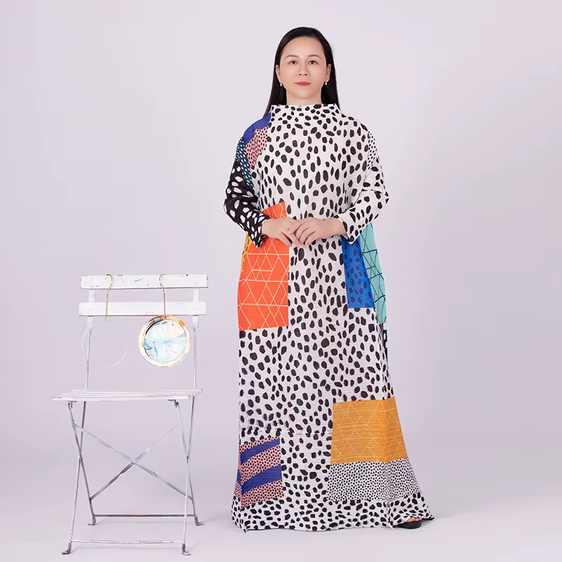 Robe plissée léopard à manches longues et col rond pour femmes, vêtements élégants pour documents, s