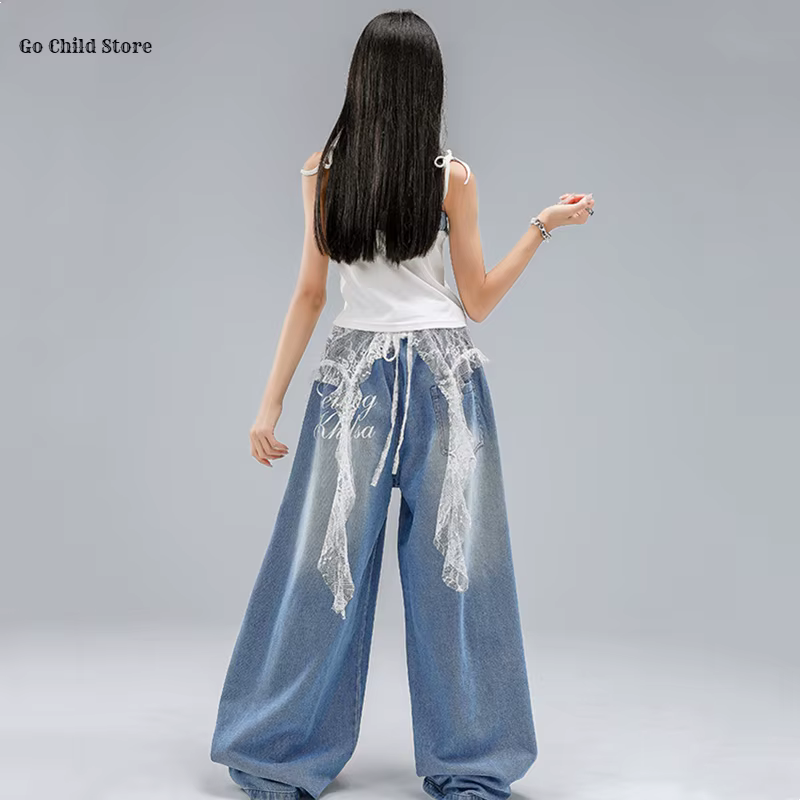 Filles Hip Hop Crop Débardeur Débardeur Déchiré Jeans Enfants K-pop Cami Top Denim Pantalon Street D