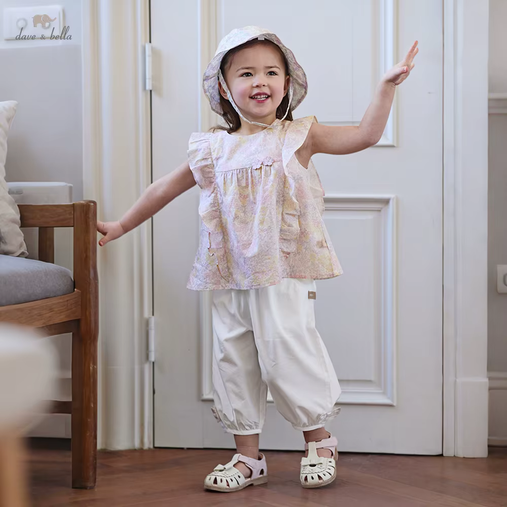 Ensemble haut et pantalon pour filles Dave Bella, costume d'été pour enfants, imprimé floral, élasti