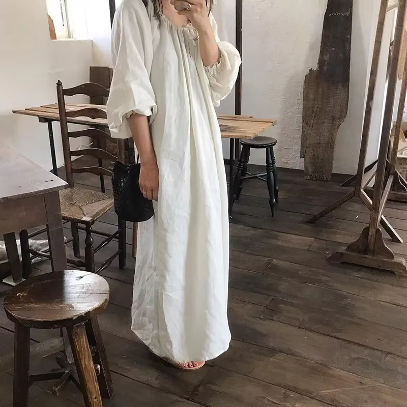 Robe élégante en coton et lin pour femmes, Maxi, décontractée, manches longues lanterne, Vintage, am
