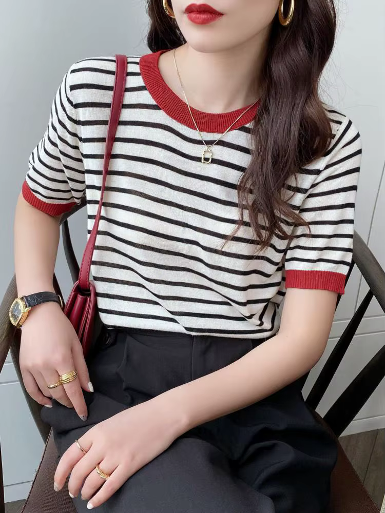 T-shirt décontracté à rayures pour femme, col rond, imprimé, manches courtes, tricoté, été 2026