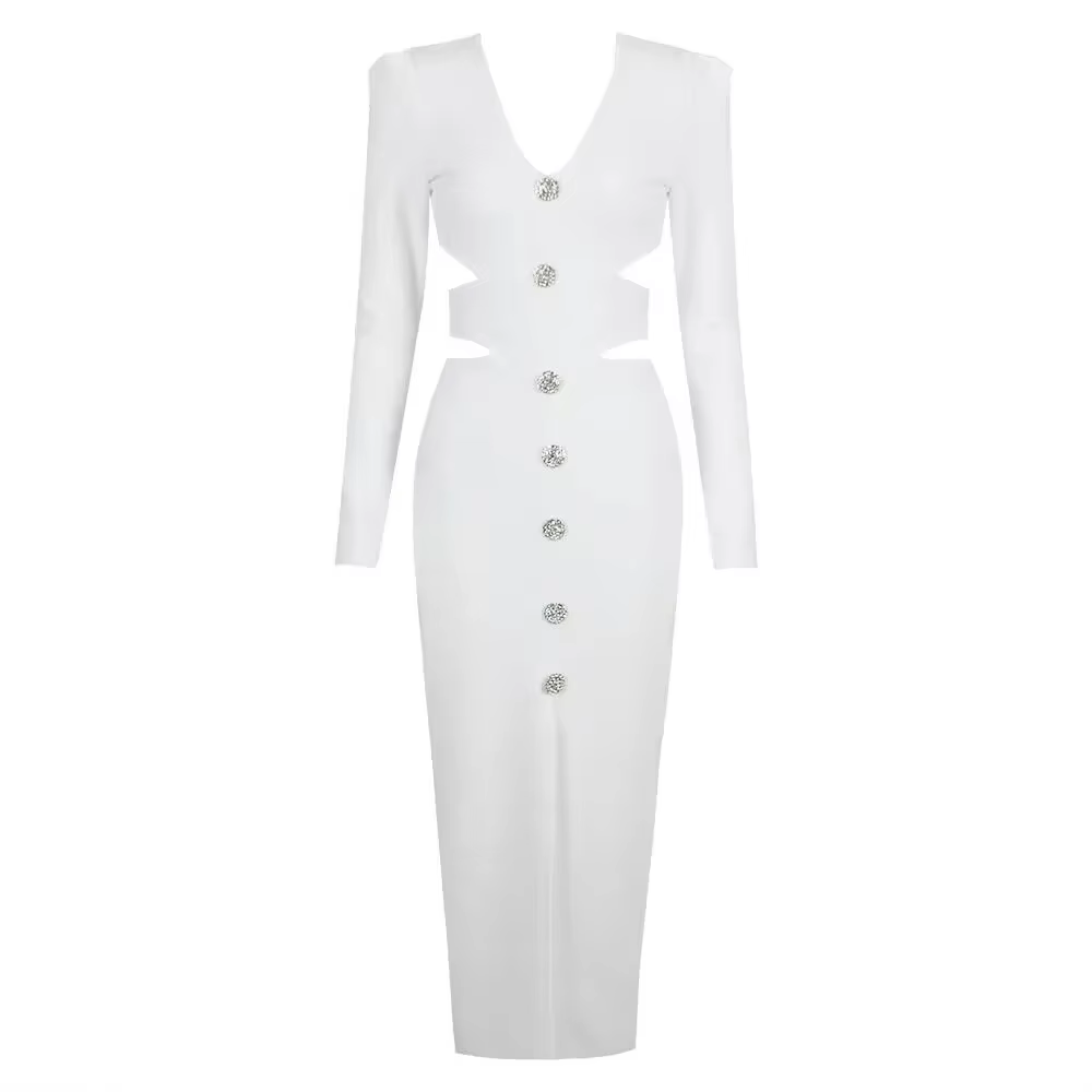 Robe mi-longue à bandes pour femmes, col en V, fendue, découpée, élégante, moulante, Sexy, mode, man