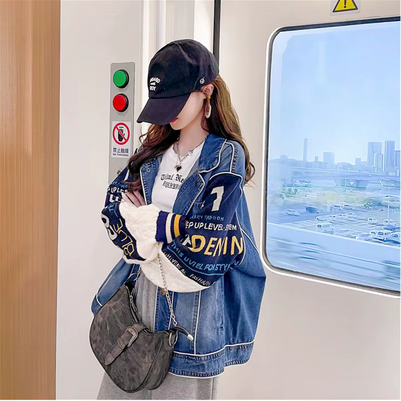 Veste en denim épissé pour femme, rapIndustry, brossé, épissure, combishort cardigan, automne, hiver