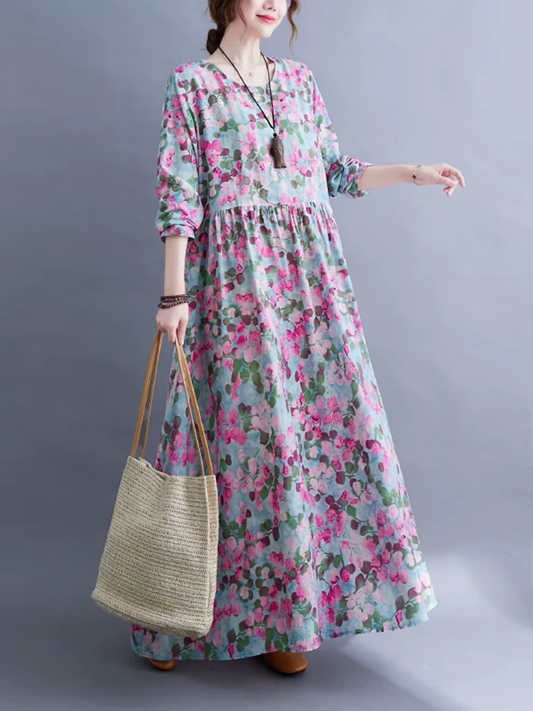 Robe Longue Femme en Coton Imprimé Floral Vintage à Manches Longues Printemps Automne 2026 – Décontr