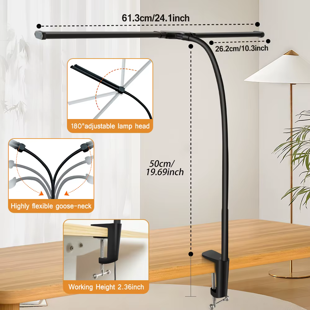 Lampe de bureau de lecture LED à Double/simple tête, bras pivotant pliable, avec Clip, poste de trav
