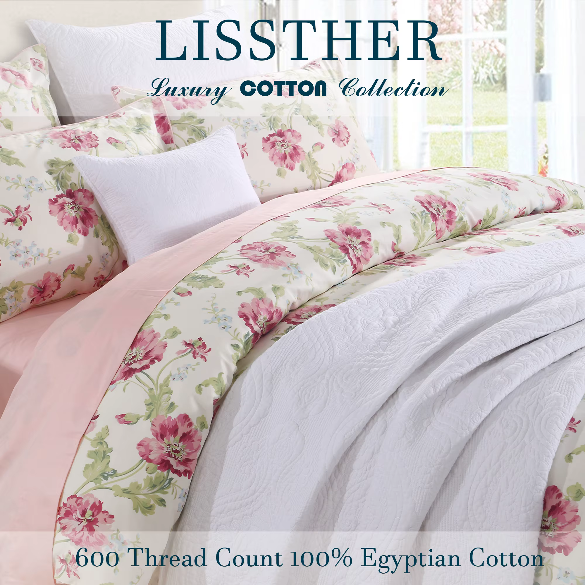 Ensemble de housses de sport en coton égyptien, sans noyau, fleuri, rose et vert, shabby chic, doux 