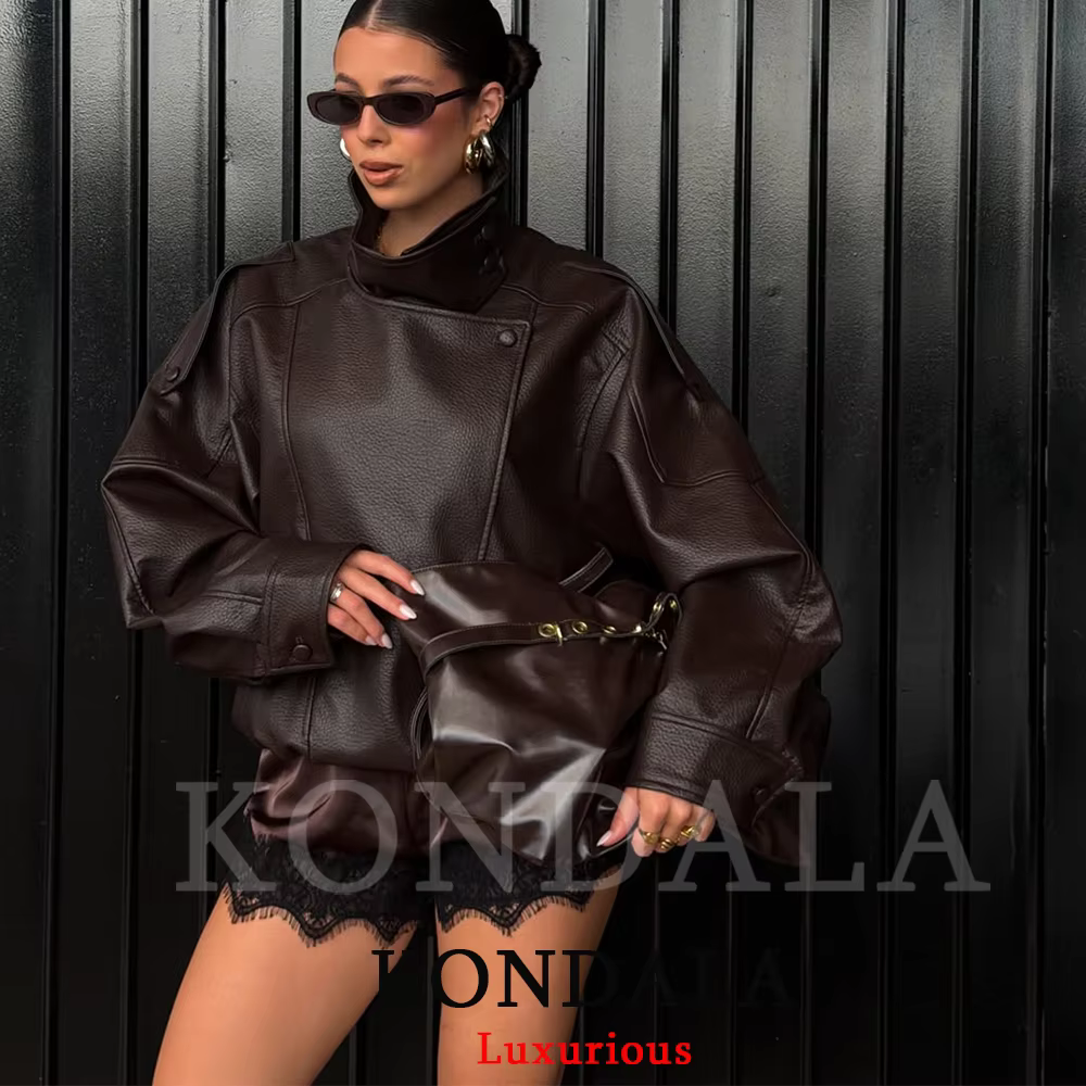 KONDALA décontracté Chic noir en cuir vestes femmes à manches longues boutons élastique surdimension