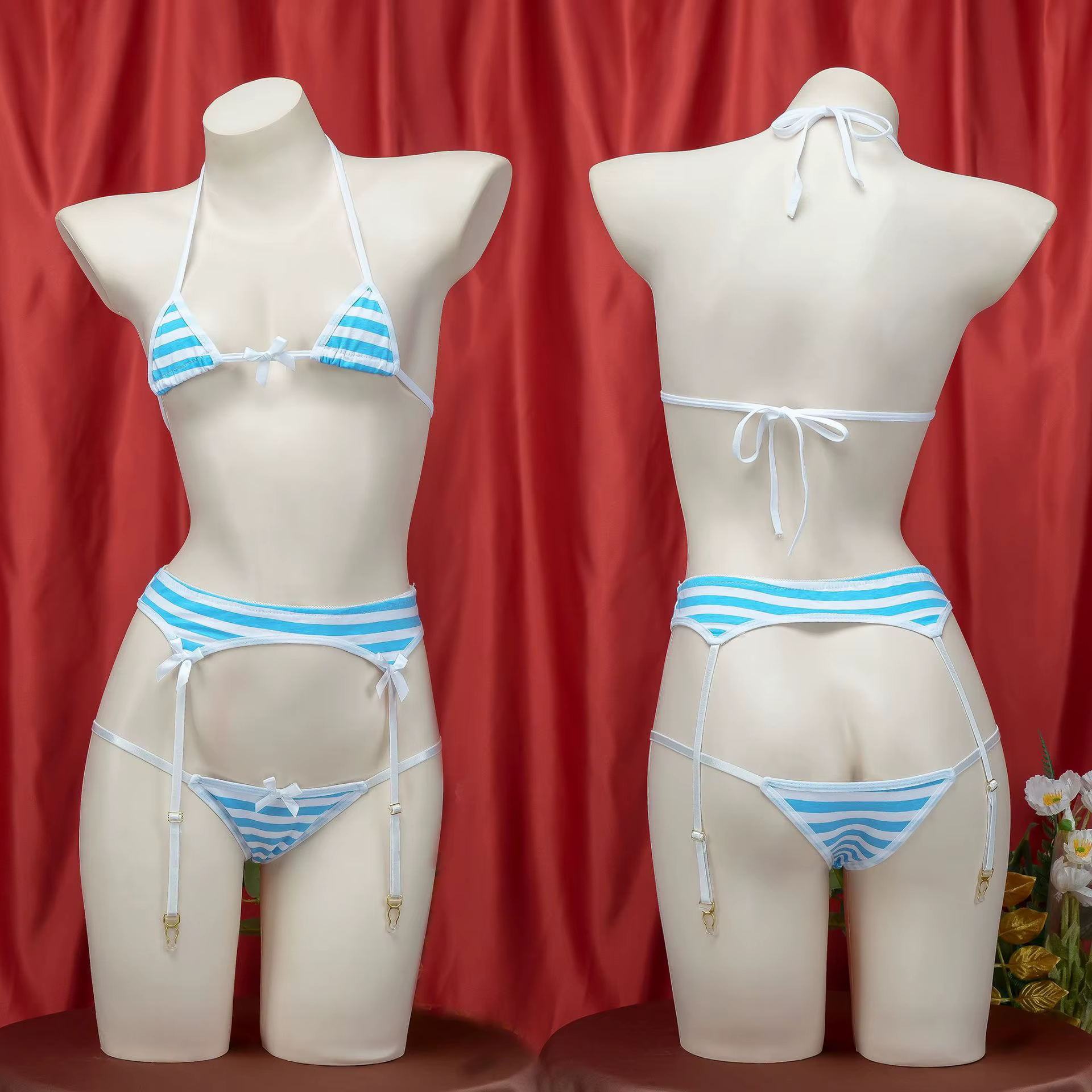 Soutien-gorge sexy Lolita pour femmes sous-vêtements Kawaii carnaval bleu rose blanc rayé mini bikin