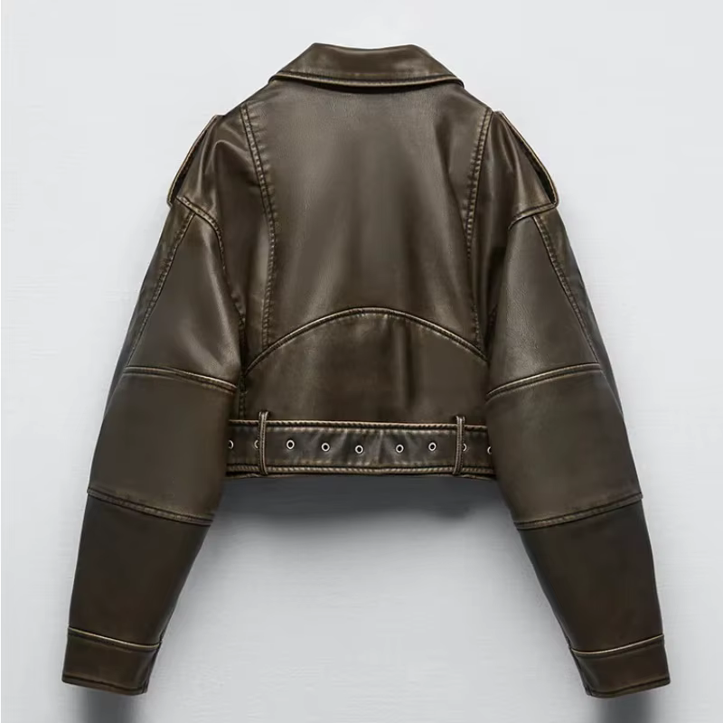 Veste courte Vintage en Faux cuir Pu pour femme, ample, avec ceinture, Streetwear, fermeture éclair,