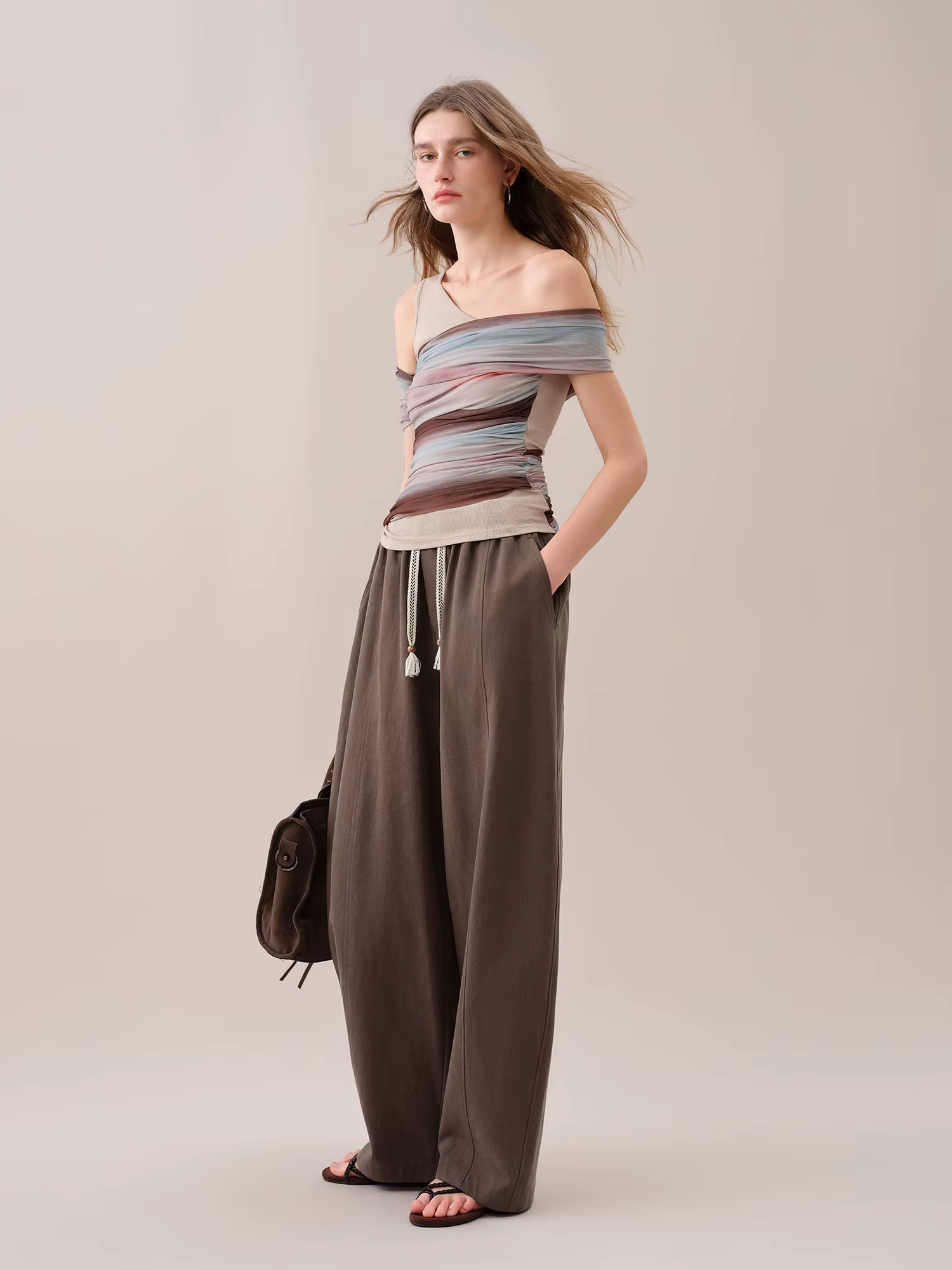 FSLE【Série Premium】Pantalon large décontracté pour femme, coupe ample, taille élastique, collection 