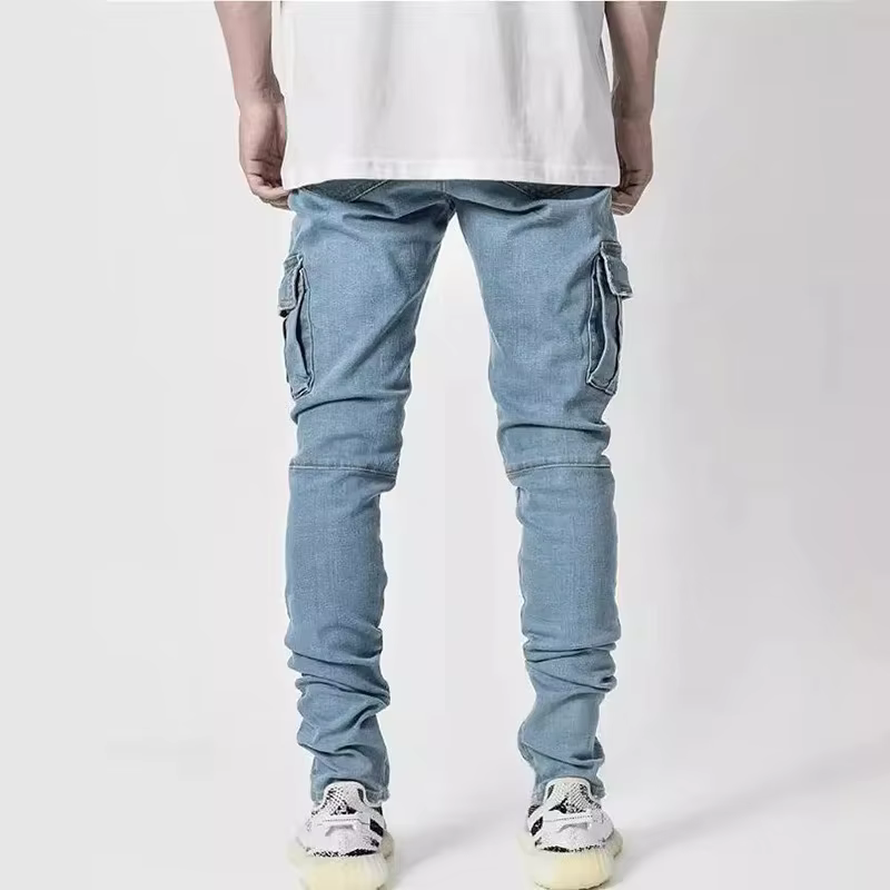 Jeans en denim élastique pour hommes, pantalon cargo multi-poches, coupe slim décontractée, jogging 