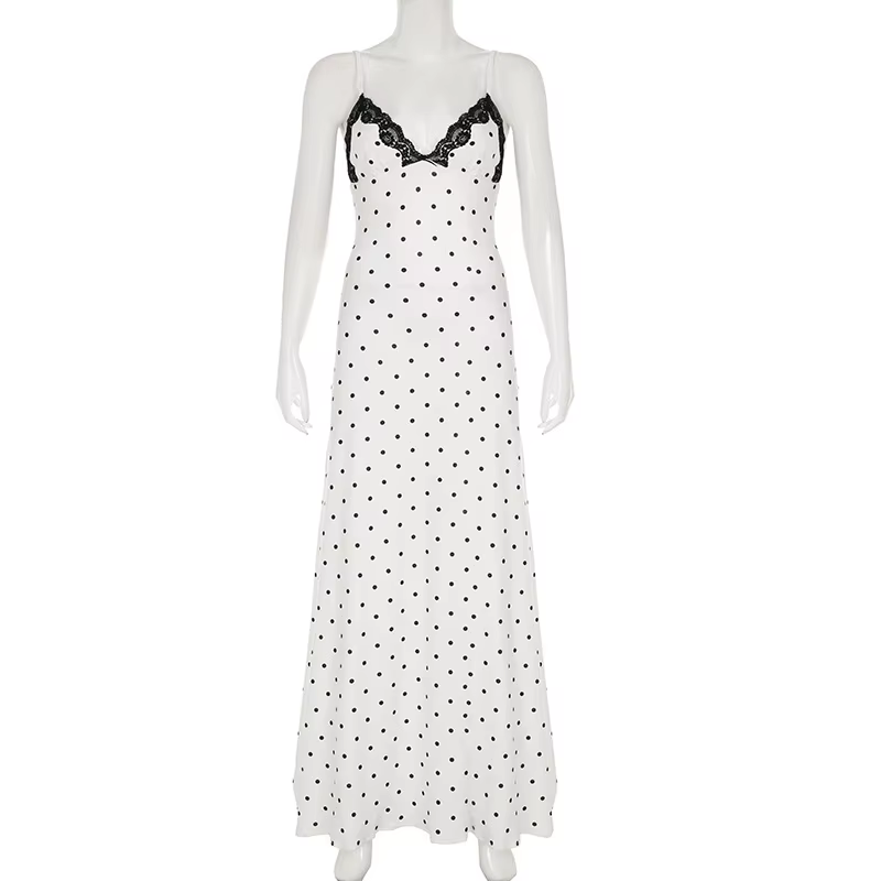 Tornova Sexy col en v à pois robe à bretelles pour les femmes mince français rétro dentelle épissure