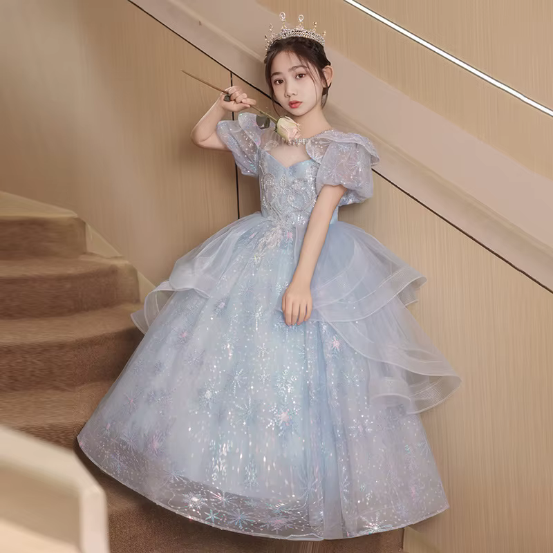 Robe de princesse bleue haut de gamme pour filles, robe de bal bouffante de luxe en Tulle, robe de s