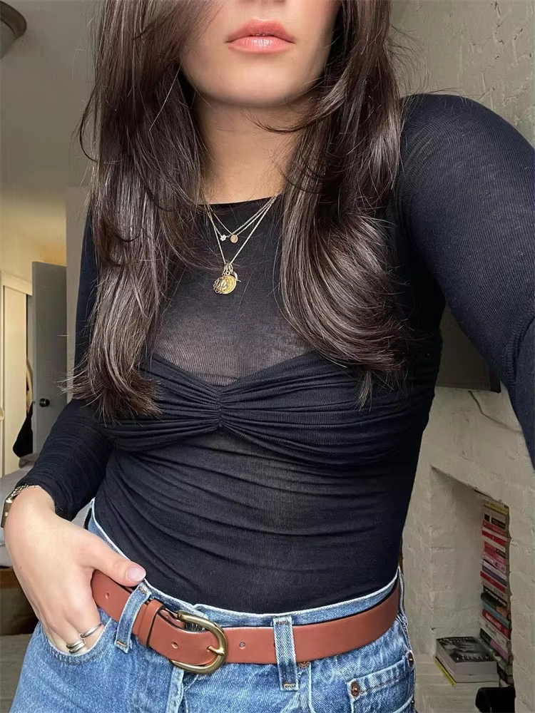 Tossy-Haut en maille transparente à manches longues pour femme, pull en tricot de dentelle, t-shirt 