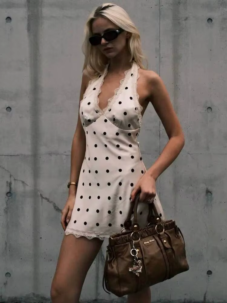 Blifanbo Satin à pois Mini Robe femmes Robe été nouvelle dentelle licou col en V profond sans manche