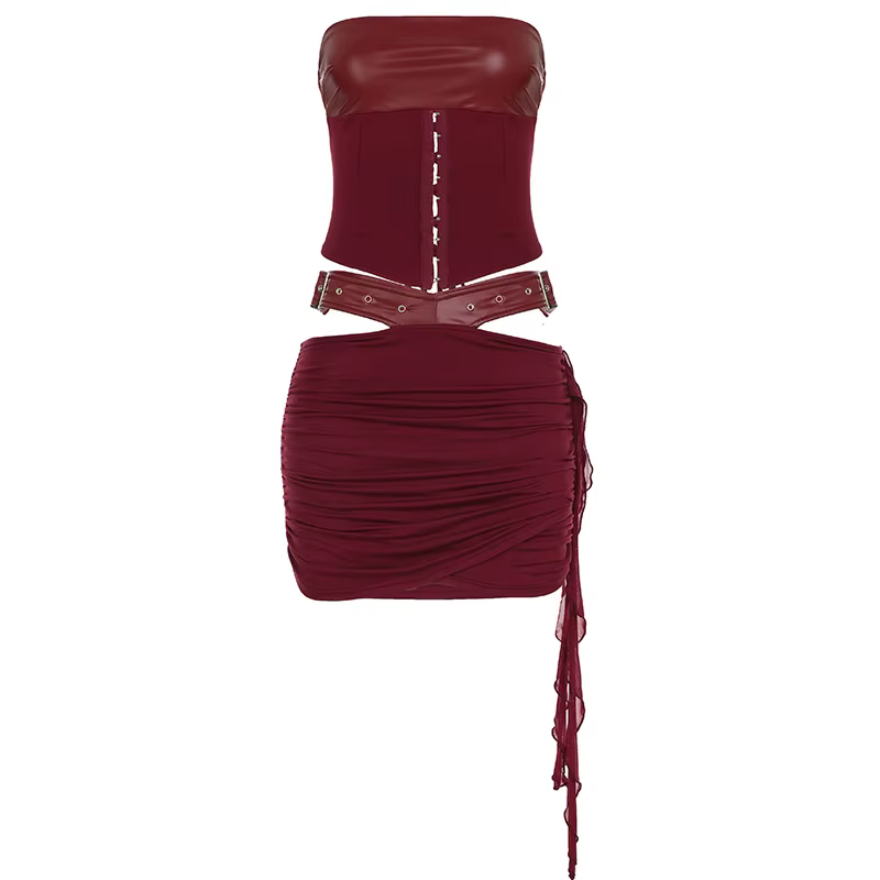 DSMTRC-Robe assortie en similicuir bordeaux imbibé, tenue de soirée, haut court à lacets, mini jupe