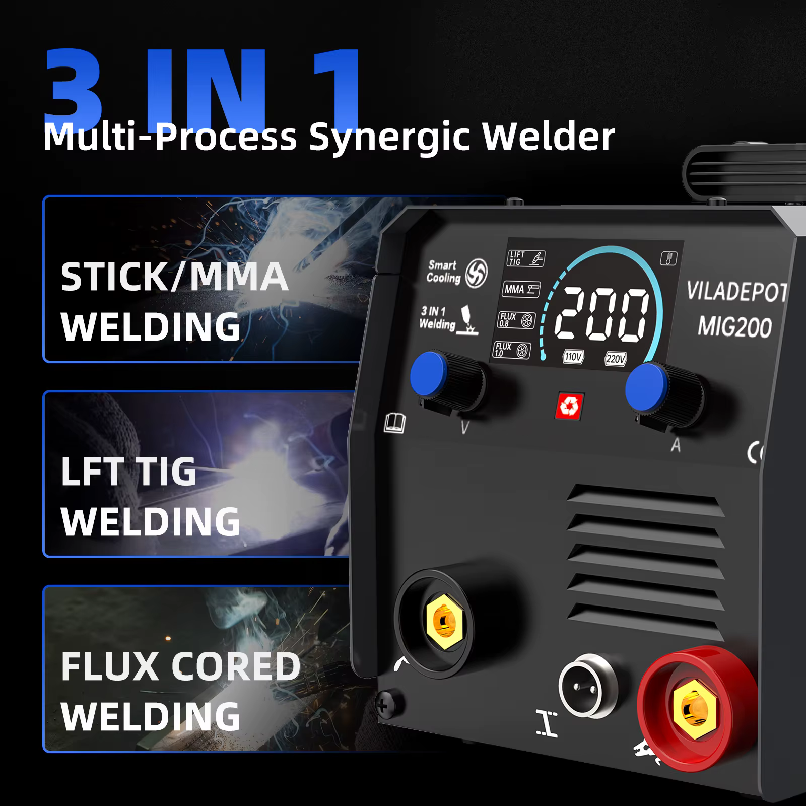 Viladepot 3 en 1 sans gaz soudeuse MIG MIG/MMA/ascenseur TIG MIG200 Machine à souder semi-automatiqu